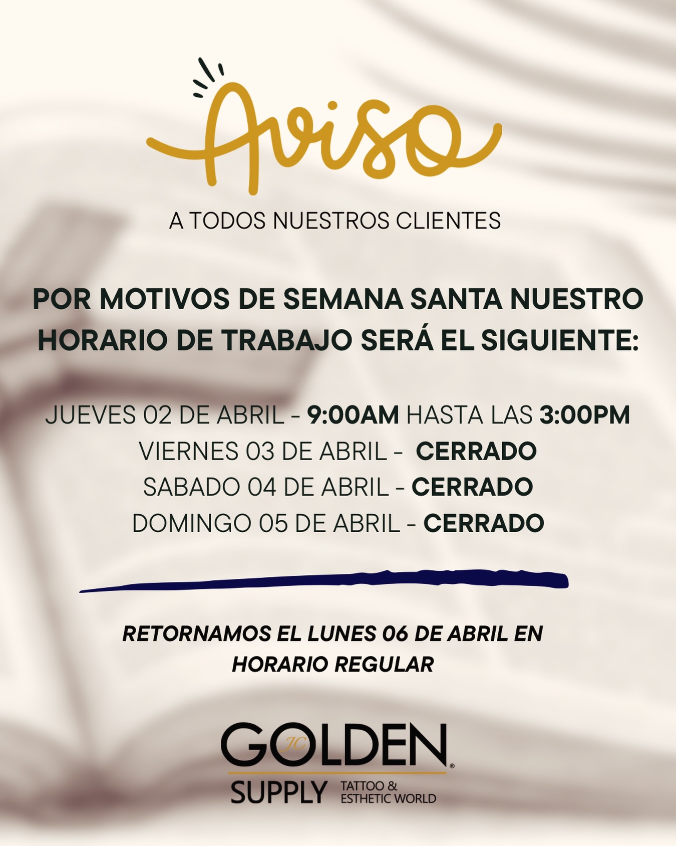 HORARIO SEMANA SANTA!Viernes, Sábado y Domingo NO Estaremos laborando. Retornamos a nuestras labores en horario normal a partir del Lunes 06 de Abril.