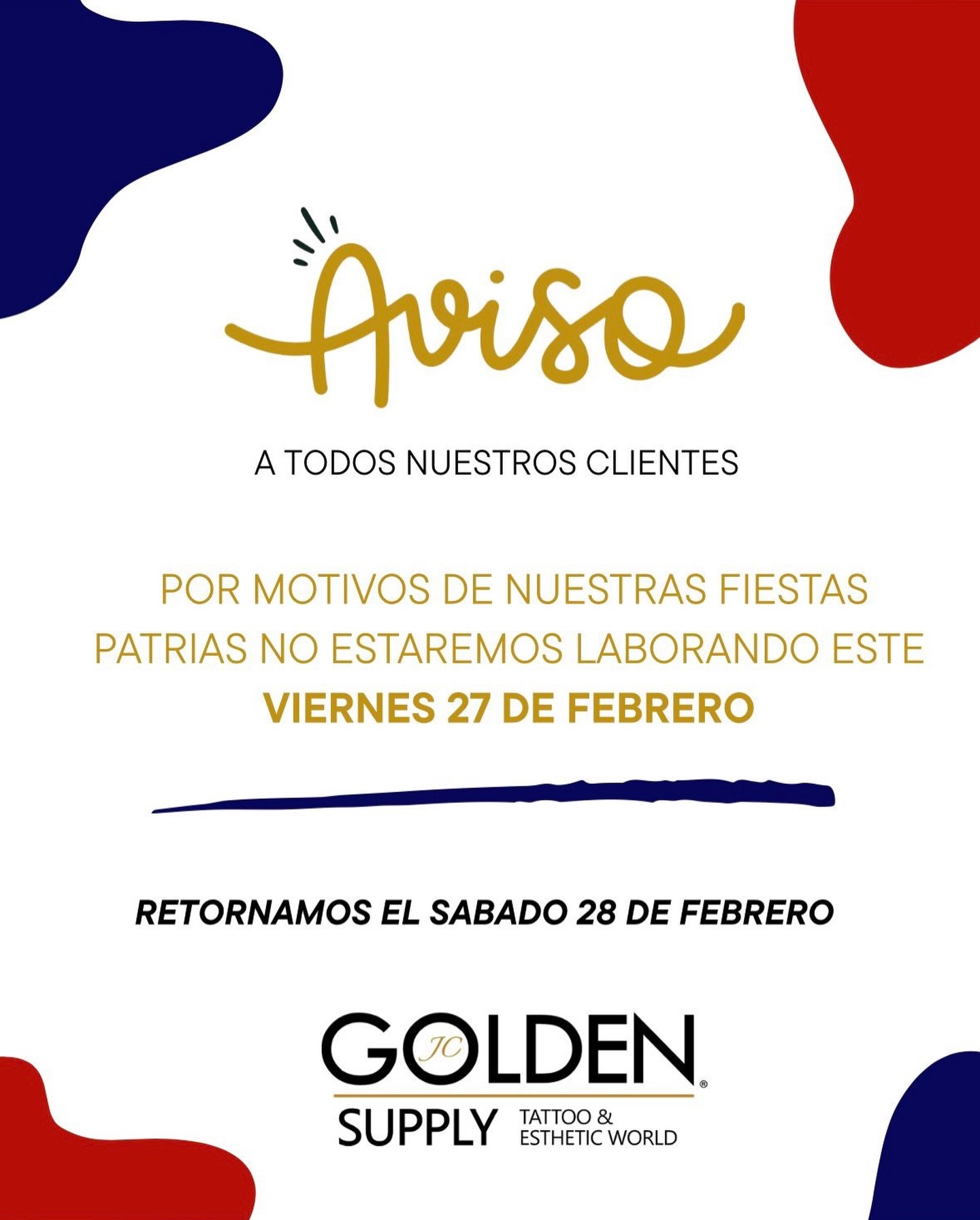 AVISO 

Este viernes 27 de febrero no estaremos laborando por motivo del Día de la Independencia Nacional 

Retornamos este sábado 28 de Febrero.